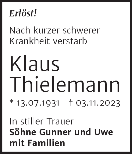 Traueranzeige von Klaus Thielemann von Trauerkombi Bernburg