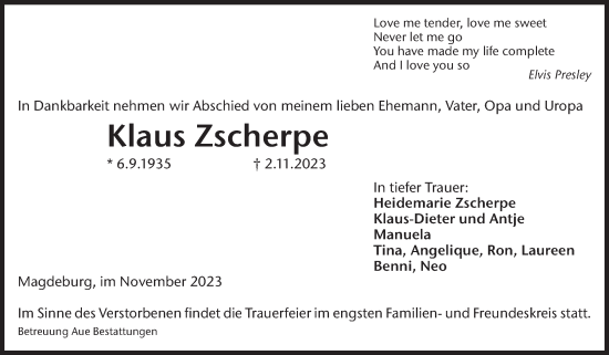 Traueranzeige von Klaus Zscherpe von Volksstimme Magdeburg