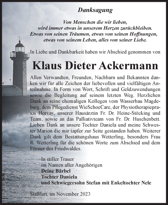 Traueranzeige von Klaus Dieter Ackermann von Volksstimme Staßfurt