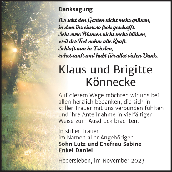 Traueranzeige von Klaus und Brigitte Könnecke von Trauerkombi Quedlinburg