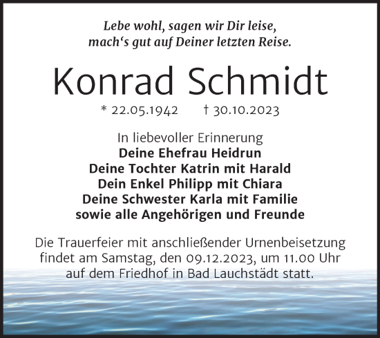 Traueranzeige von Konrad Schmidt von Trauerkombi Merseburg