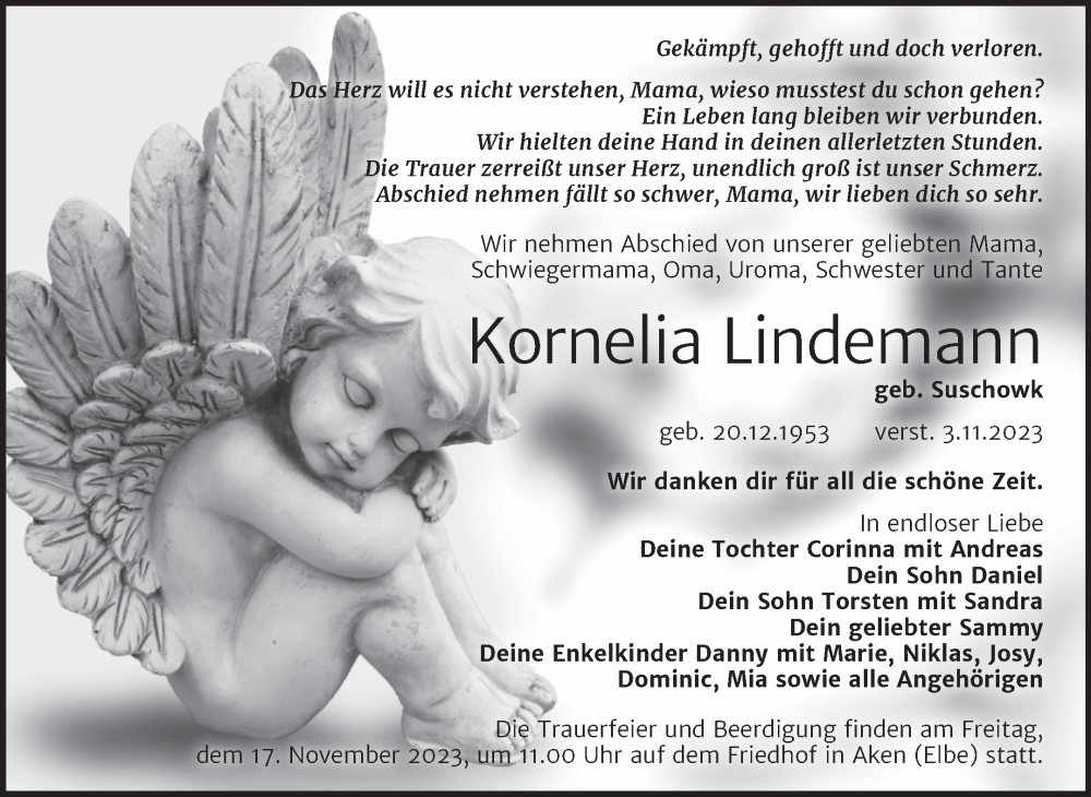  Traueranzeige für Kornelia Lindemann vom 08.11.2023 aus Trauerkombi Köthen