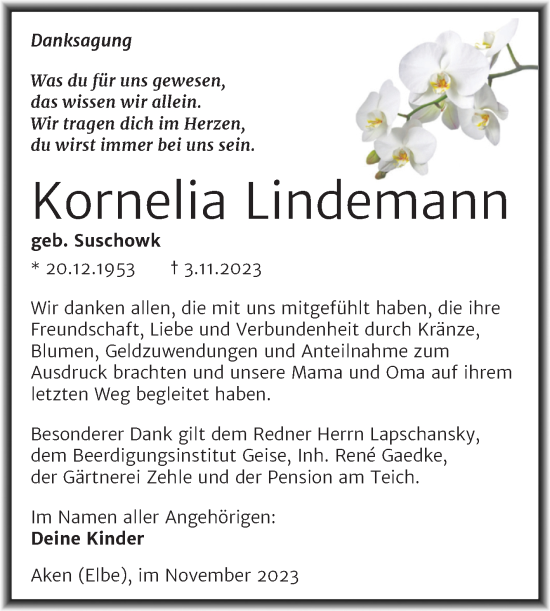 Traueranzeige von Kornelia Lindemann von Trauerkombi Köthen