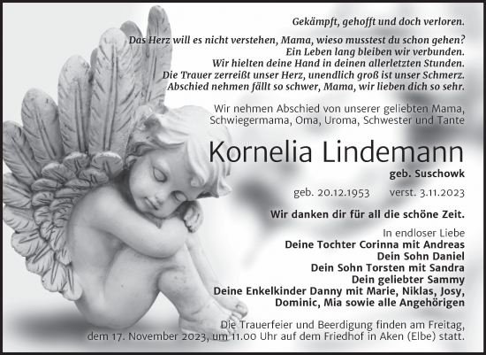 Traueranzeige von Kornelia Lindemann von Trauerkombi Köthen