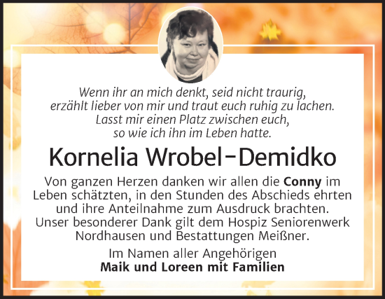 Traueranzeige von Kornelia Wrobel-Demidko von Trauerkombi Sangerhausen