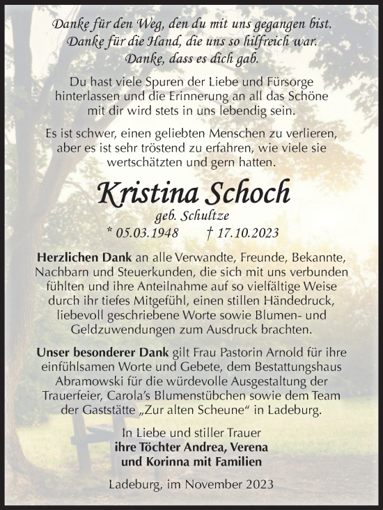 Traueranzeige von Kristina Schoch von Volksstimme Burg/Genthin