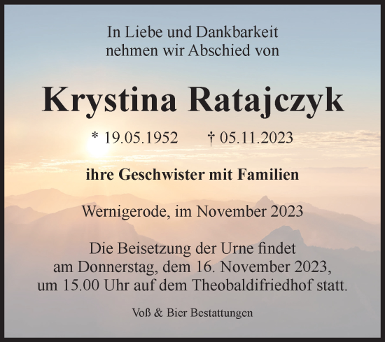 Traueranzeige von Krystina Ratajczyk von Volksstimme Wernigerode