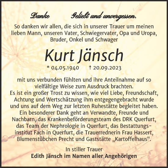 Traueranzeige von Kurt Jänsch von Trauerkombi Merseburg