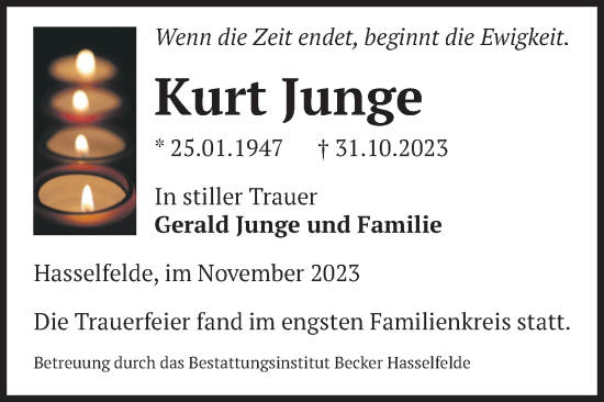 Traueranzeige von Kurt Junge von Volksstimme Wernigerode