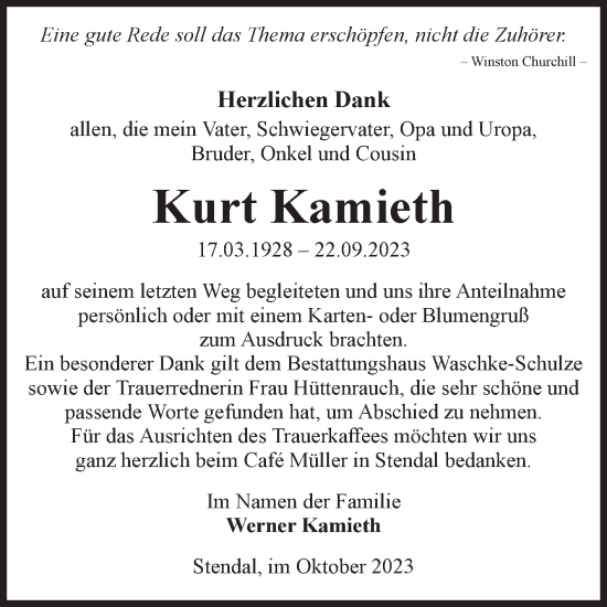 Traueranzeige von Kurt Kamieth von Volksstimme Altmark Ost