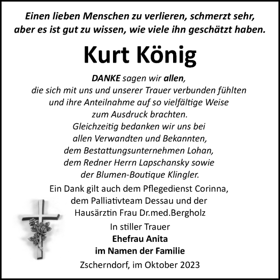 Traueranzeige von Kurt König von Trauerkombi Bitterfeld