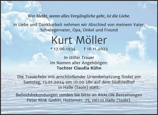 Traueranzeige von Kurt Möller von Mitteldeutsche Zeitung Halle/Saalkreis