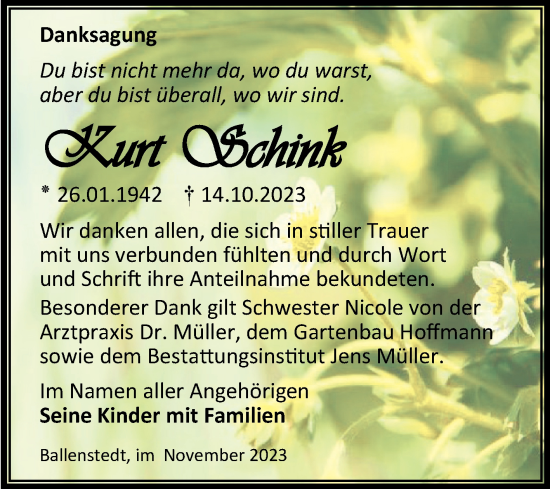 Traueranzeige von Kurt Schink von Trauerkombi Quedlinburg