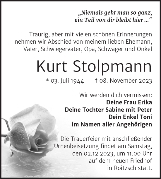 Traueranzeige von Kurt Stolpmann von Trauerkombi Bitterfeld