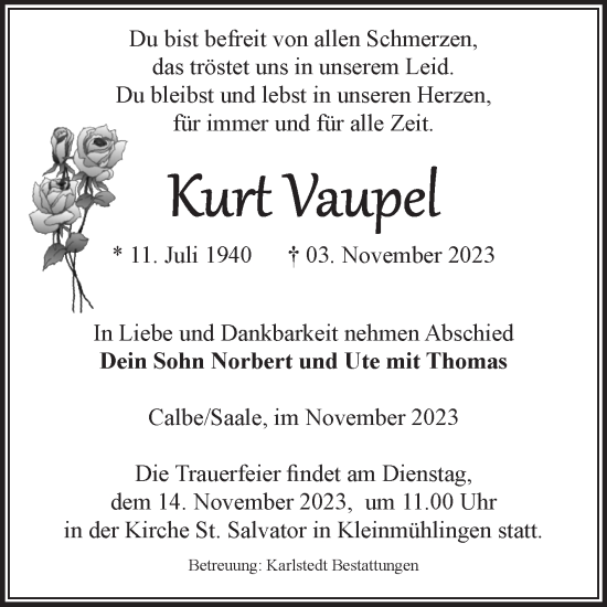 Traueranzeige von Kurt Vaupel von Volksstimme Schönebeck