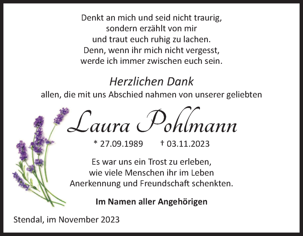  Traueranzeige für Laura Pohlmann vom 18.11.2023 aus Volksstimme Altmark Ost
