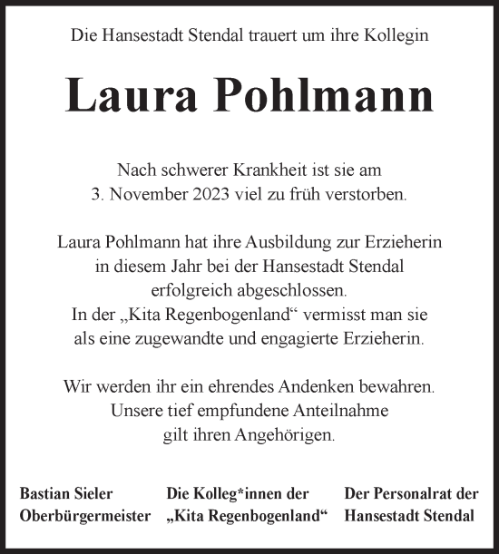 Traueranzeige von Laura Pohlmann 