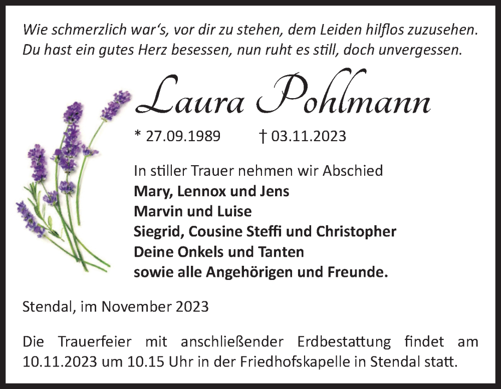  Traueranzeige für Laura Pohlmann vom 08.11.2023 aus Volksstimme Altmark Ost