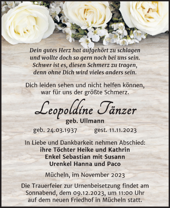 Traueranzeige von Leopoldine Tänzer von Trauerkombi Merseburg