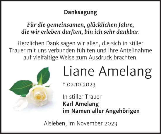 Traueranzeige von Liane Amelang von Trauerkombi Bernburg