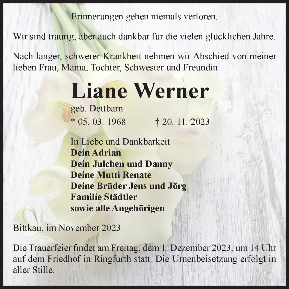  Traueranzeige für Liane Werner vom 25.11.2023 aus Volksstimme Altmark Ost