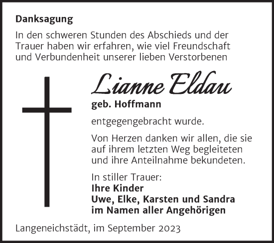 Traueranzeige von Lianne Eldau von Trauerkombi Merseburg