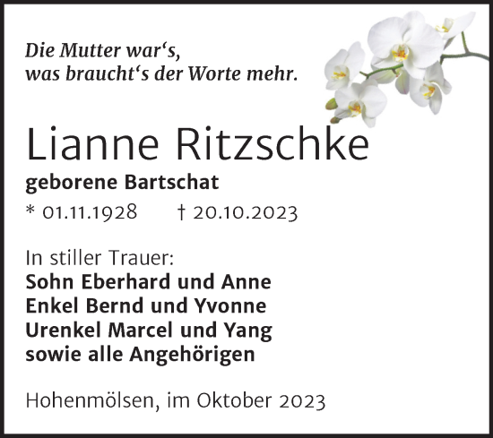Traueranzeige von Lianne Ritzschke von Trauerkombi Weißenfels