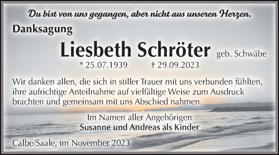 Traueranzeige von Liesbeth Schröter von Volksstimme Schönebeck