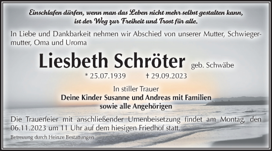 Traueranzeige von Liesbeth Schröter von Volksstimme Schönebeck