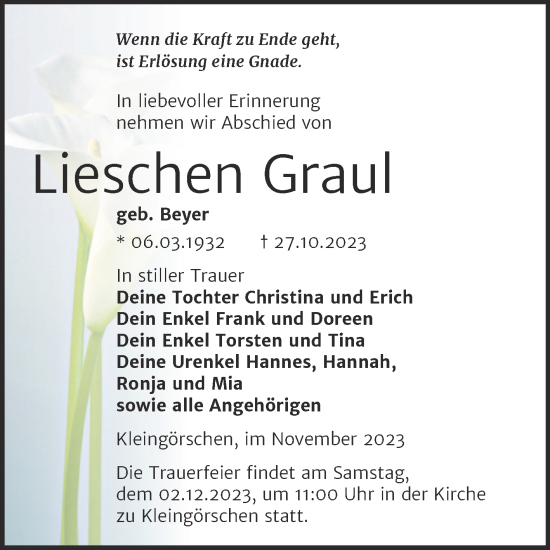 Traueranzeige von Lieschen Graul von Trauerkombi Weißenfels