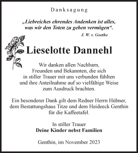 Traueranzeige von Lieselotte Dannehl von Volksstimme Burg/Genthin