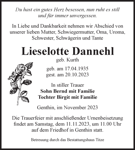 Traueranzeige von Lieselotte Dannehl von Volksstimme Burg/Genthin