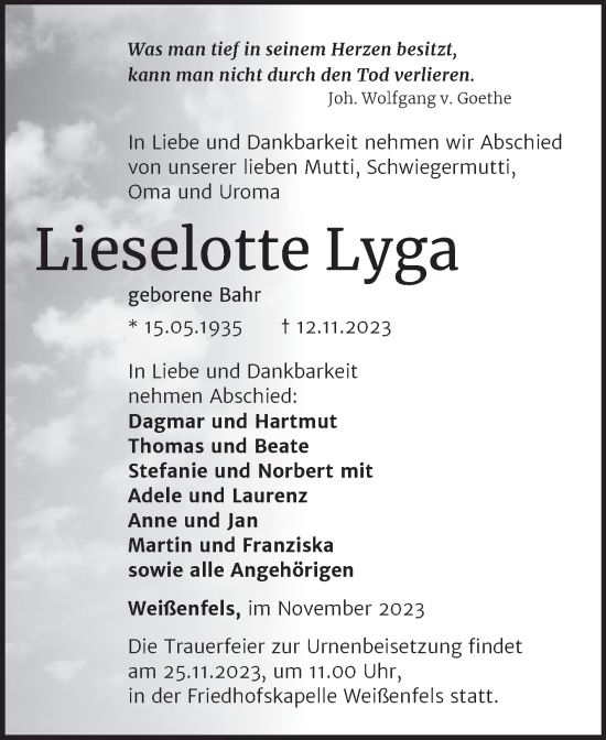 Traueranzeige von Lieselotte Lyga von Trauerkombi Weißenfels