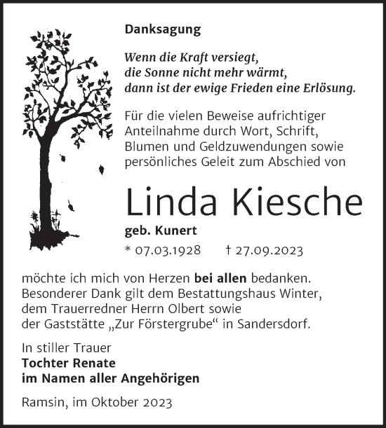 Traueranzeige von Linda Kiesche von Trauerkombi Bitterfeld