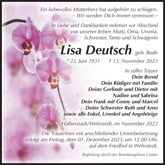 Traueranzeige von Lisa Deutsch von Volksstimme Halberstadt