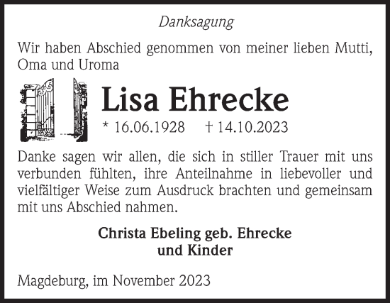 Traueranzeige von Lisa Ehrecke von Volksstimme Magdeburg
