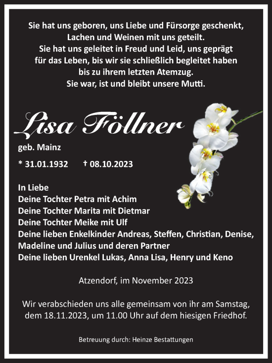 Traueranzeige von Lisa Föllner von Volksstimme Staßfurt
