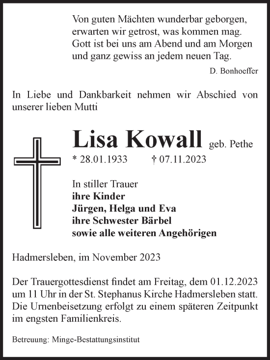 Traueranzeige von Lisa Kowall von Volksstimme Oschersleben/Wanzleben