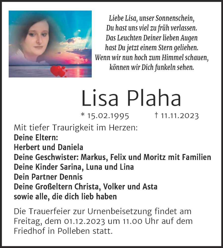  Traueranzeige für Lisa Plaha vom 24.11.2023 aus Trauerkombi Mansfelder Land