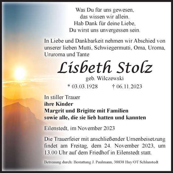 Traueranzeige von Lisbeth Stolz von Volksstimme Halberstadt