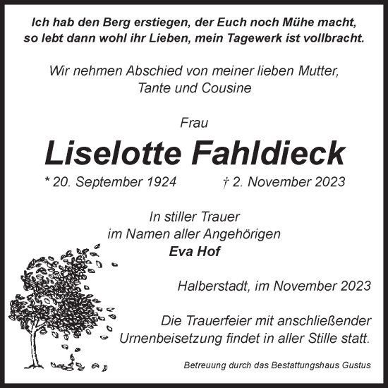 Traueranzeige von Liselotte Fahldieck von Volksstimme Halberstadt