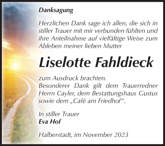 Traueranzeige von Liselotte Fahldieck von Volksstimme Halberstadt