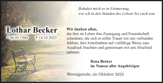 Traueranzeige von Lothar Becker von Volksstimme Wernigerode