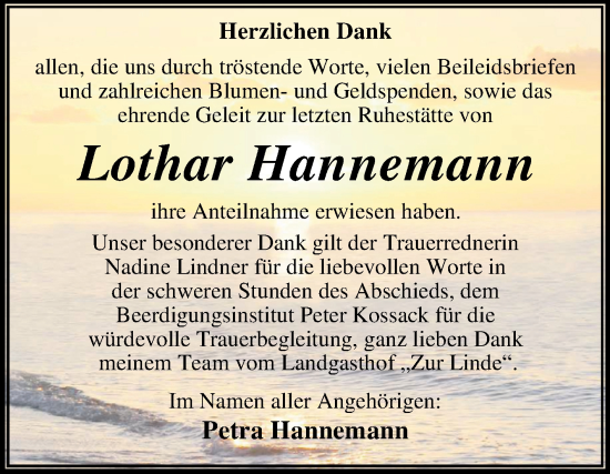 Traueranzeige von Lothar Hannemann von Trauerkombi Dessau