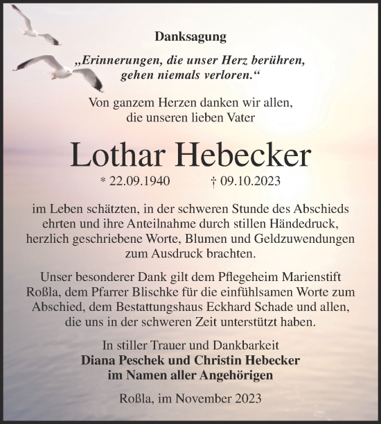 Traueranzeige von Lothar Hebecker von Trauerkombi Sangerhausen