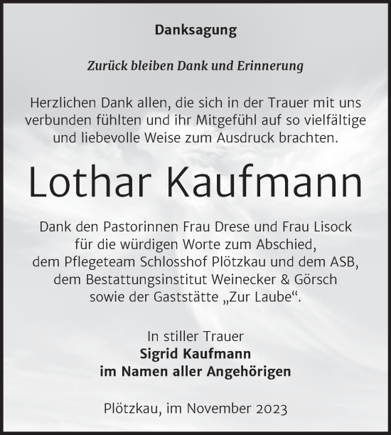 Traueranzeige von Lothar Kaufmann von Trauerkombi Bernburg