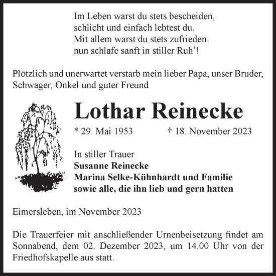 Traueranzeige von Lothar Reinecke von Volksstimme Haldensleben/Wolmirstedt