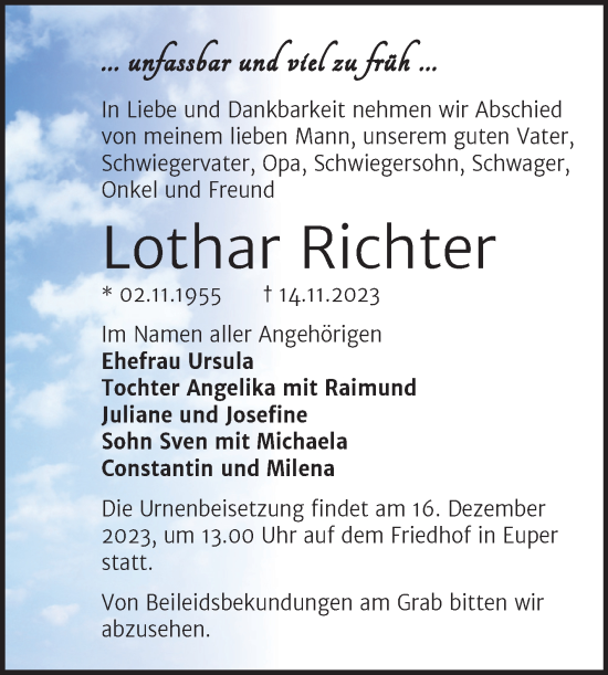 Traueranzeige von Lothar Richter von Trauerkombi Wittenberg