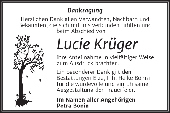 Traueranzeige von Lucie Krüger von Trauerkombi Dessau