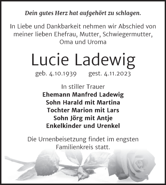 Traueranzeige von Lucie Ladewig von Trauerkombi Wittenberg
